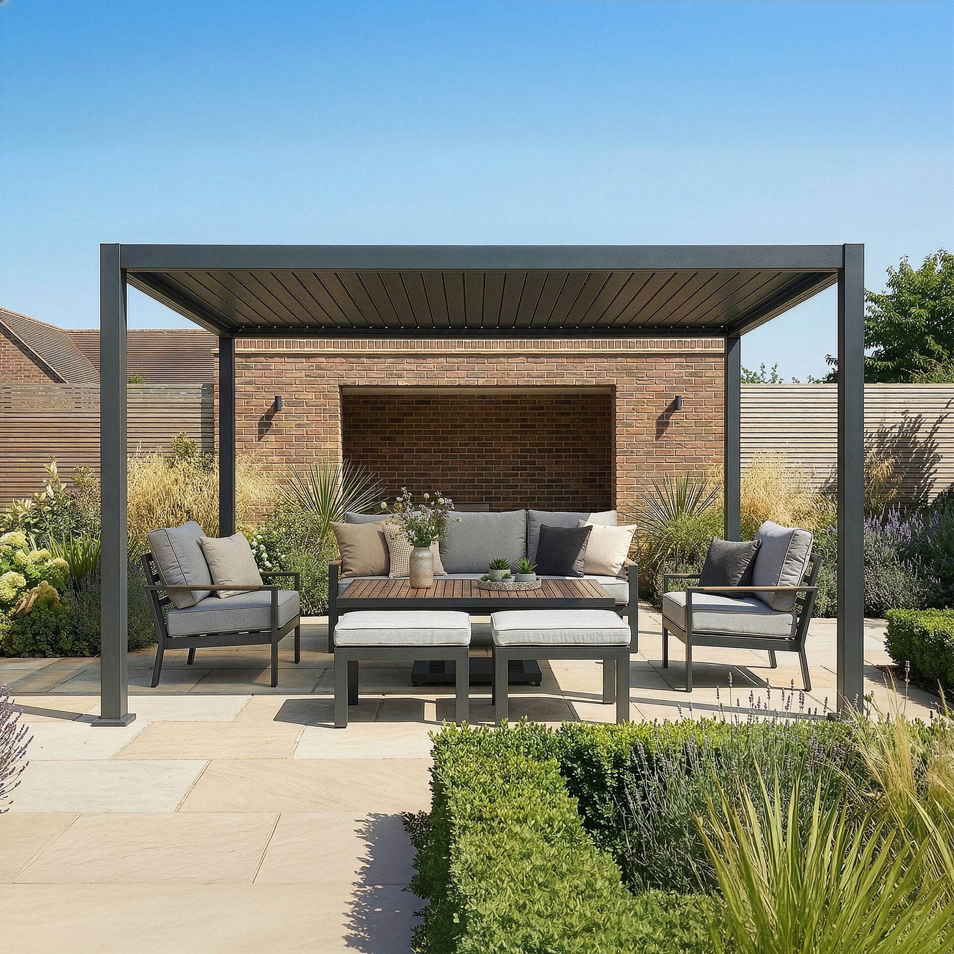 Maze Jupiter, 4x3m lifestyle view on landscaped patio with closed louvre roof