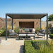 Maze Jupiter, 4x3m lifestyle view on landscaped patio with closed louvre roof