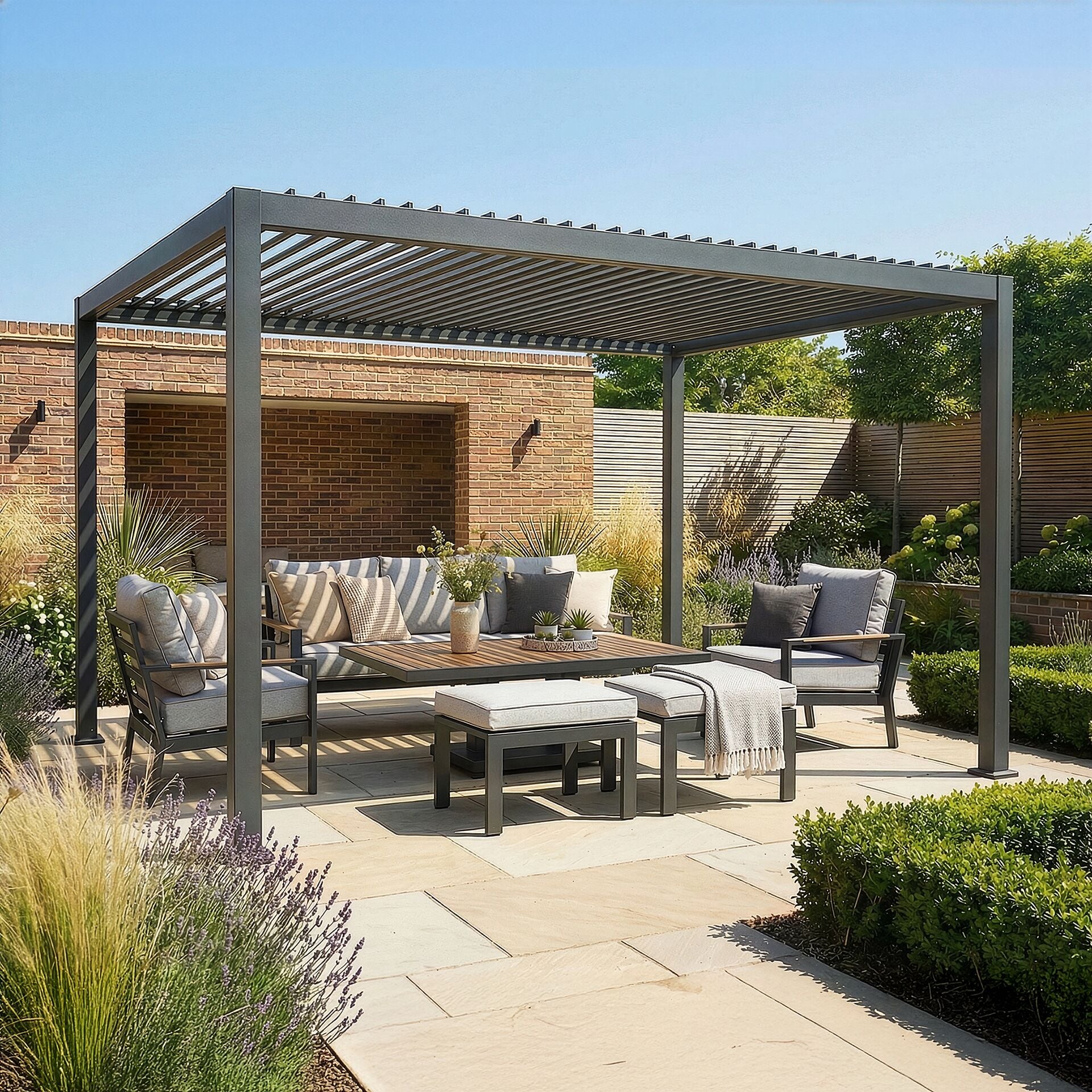 Maze Jupiter, 4x3m front angle view in summer lounge setting with open louvre roof