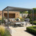 Maze Jupiter, 4x3m front angle view in summer lounge setting with open louvre roof