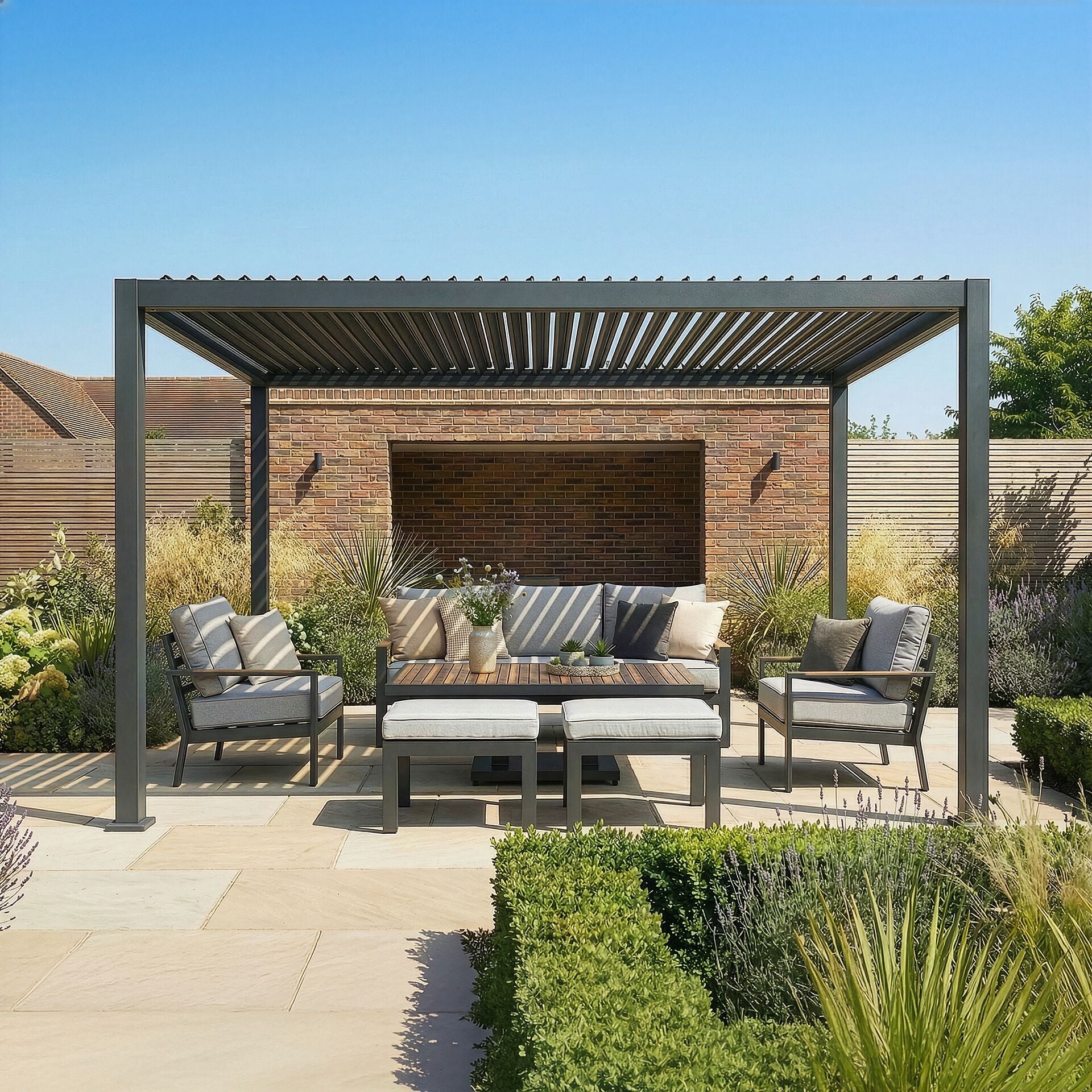 Maze Jupiter, 4x3m lifestyle view on landscaped patio with open louvre blinds