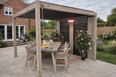 Nova Titan Aluminium Pergola 3 x 3m in Wood Look on landscaped patio with dining set