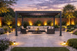 Nova Titan Aluminium Pergola in Grey - 4x 3.6m lifestyle image on landscaped patio with sunset and sofa set