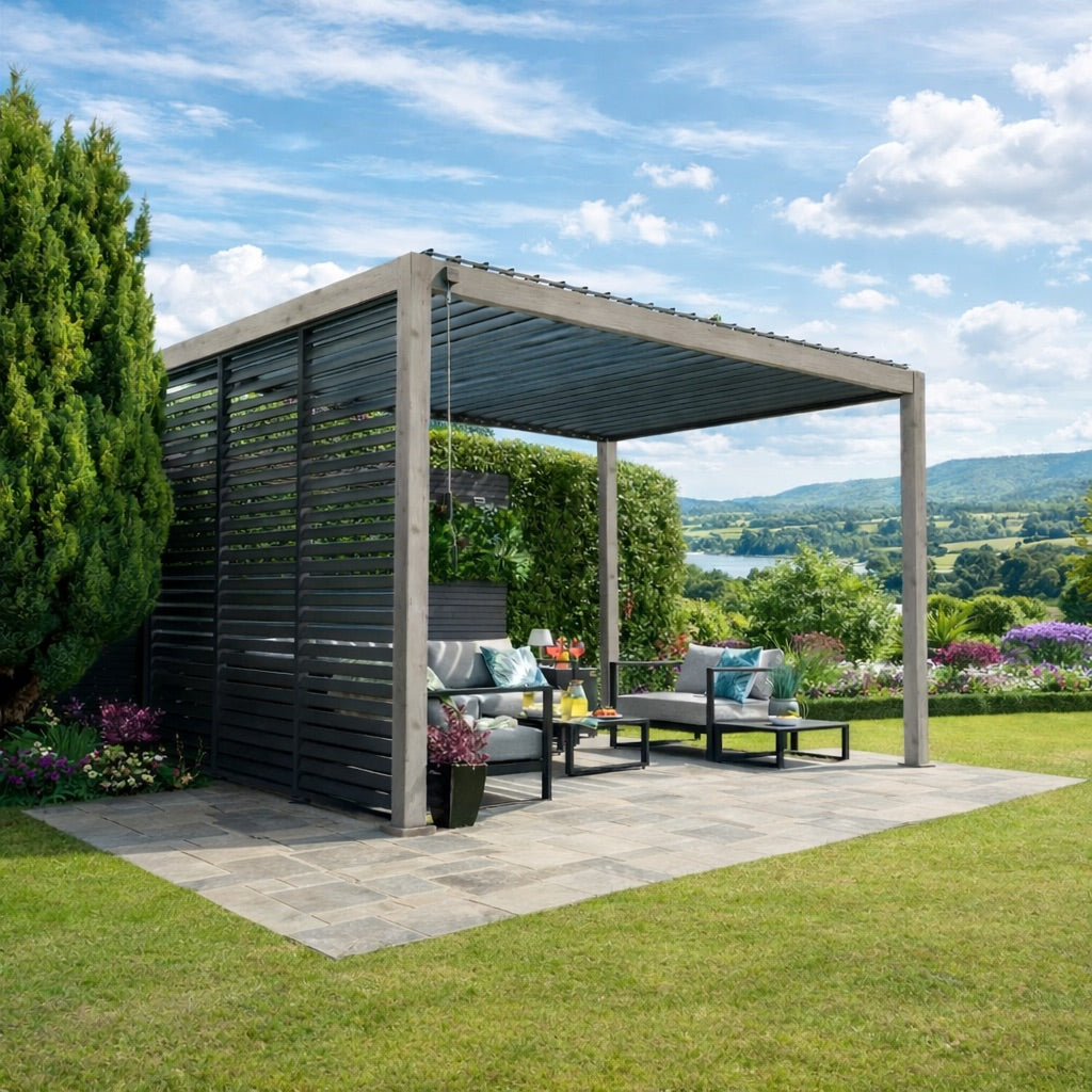 Nova Titan Aluminium Pergola 4 x 3.6m in Wood Look on landscaped patio
