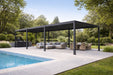Nova Titan 9x3m aluminium pergola in grey lifestyle image on patio next to pool