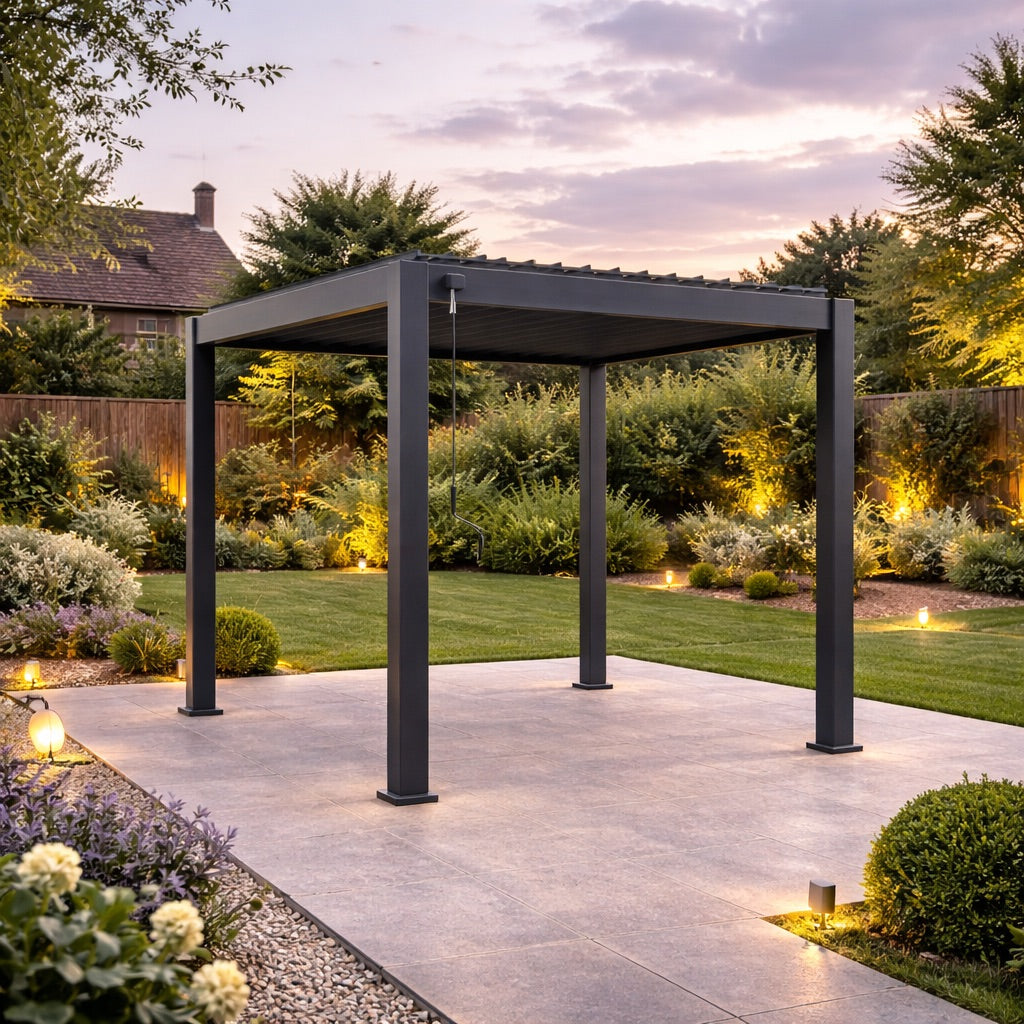 Nova Titan Aluminium Pergola in Grey - 2.4 x 2.4m on landscaped patio