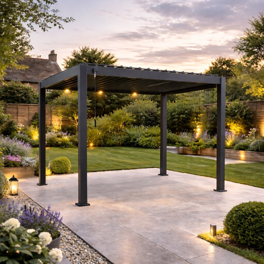 Nova Titan Aluminium Pergola in Grey - 3 x 2.4m on landscaped patio