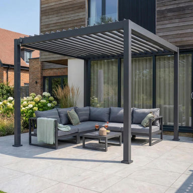 Nova Titan 3x3m aluminium pergola in grey installed on a patio in a landscaped UK garden