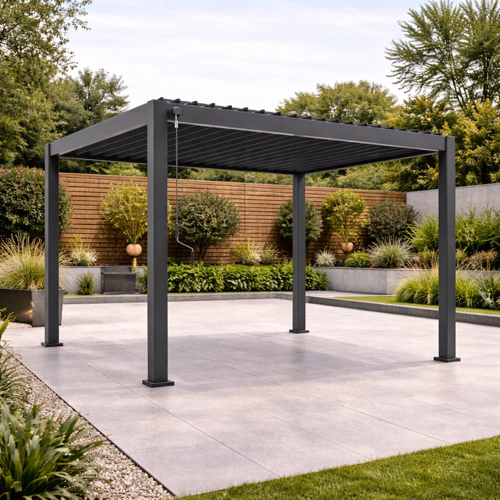 Nova Titan Aluminium Pergola in Grey - 3.6 x 3.6m lifestyle image on landscaped patio