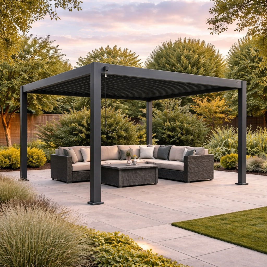 Nova Titan Aluminium Pergola in Grey - 3.6 x 3m lifestyle image on landscaped patio