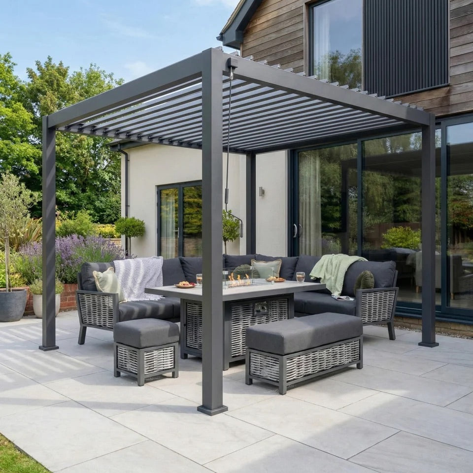 Nova Titan Aluminium Pergola in Grey - 3.6 x 3m lifestyle image on landscaped patio