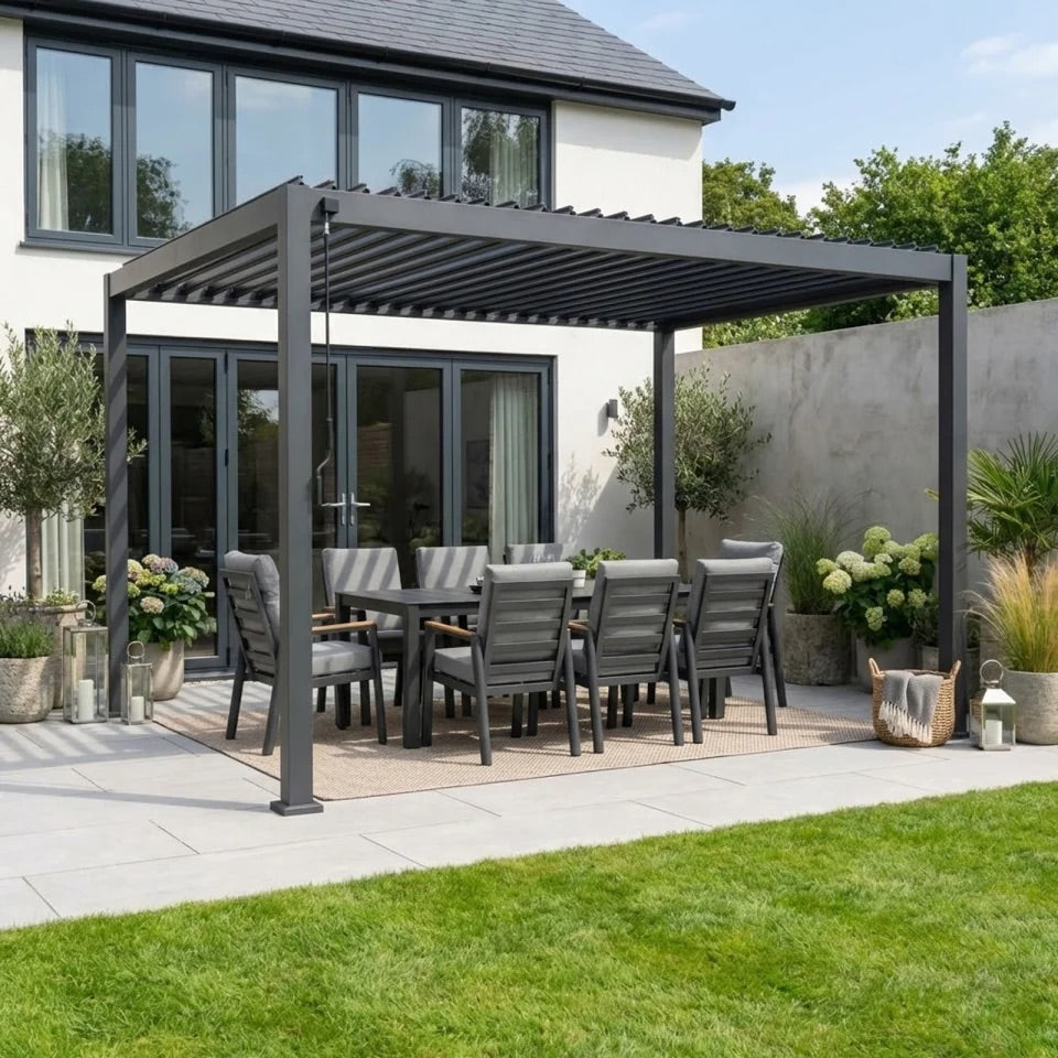 Nova Titan Aluminium Pergola in Grey - 4 x 3m lifestyle image on landscaped patio