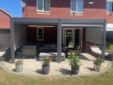 Nova Titan 5.3x3m aluminium pergola in grey customer image on patio