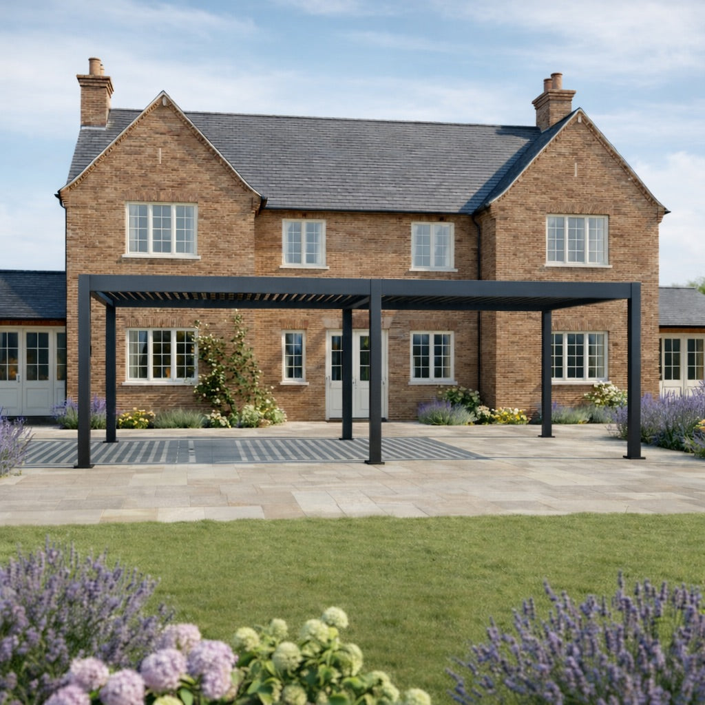 Nova Titan Aluminium Pergola in Grey - 7.2 x 3.6m frame on landscaped patio in front of house