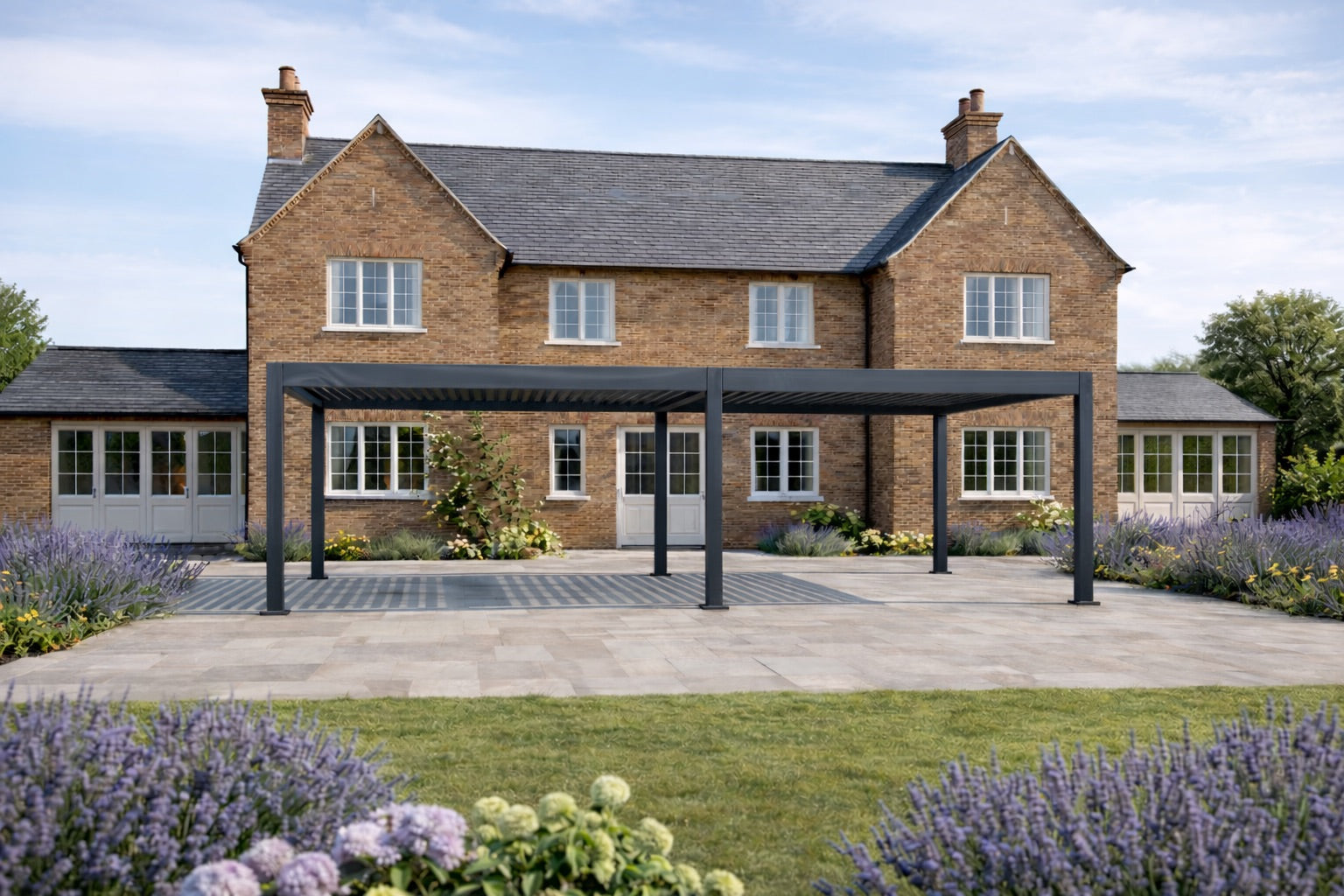 Nova Titan Aluminium Pergola in Grey - 8 x 3m frame in landscaped garden in front of house