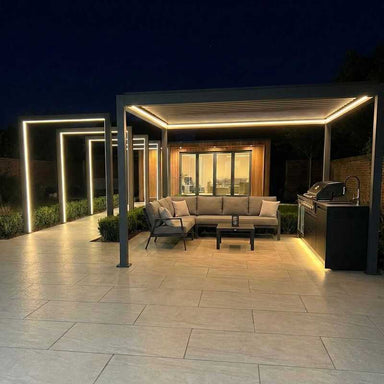 Nova Titan LED pergola arch next to grey titan pergola