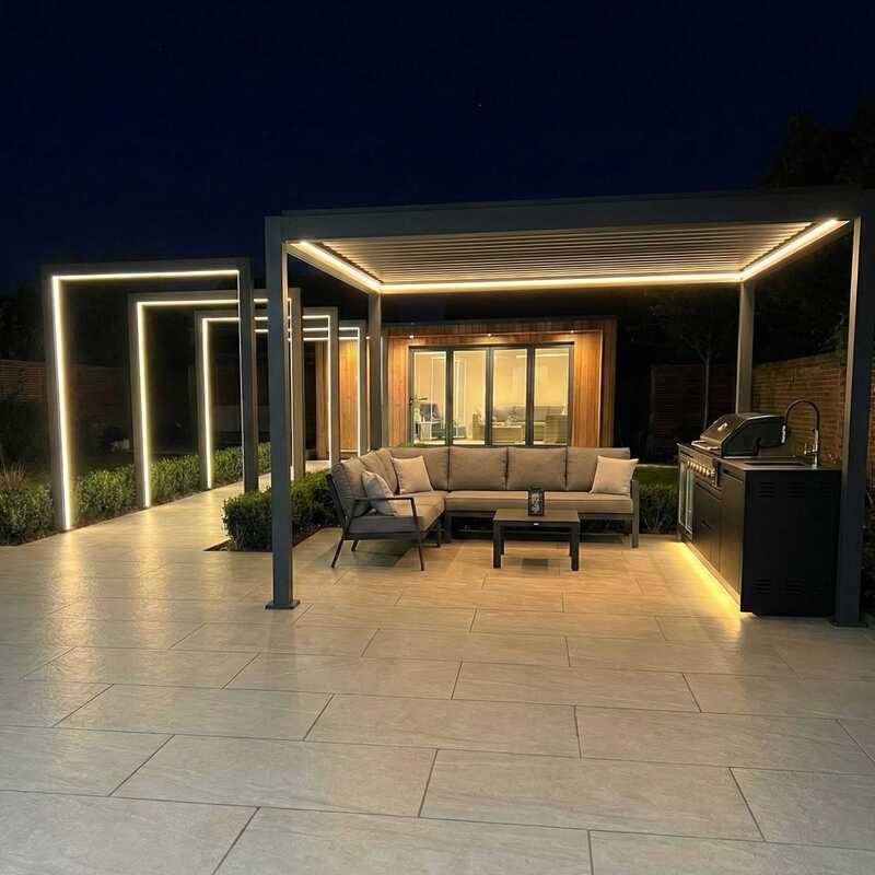 Nova Titan LED pergola arch next to grey titan pergola